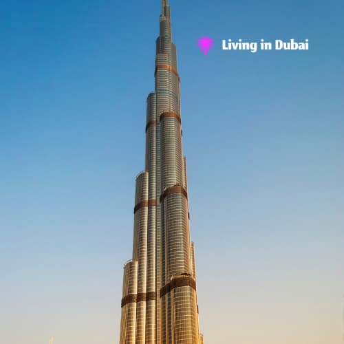A panoramic view of Dubai's iconic buildings, including the Burj Khalifa